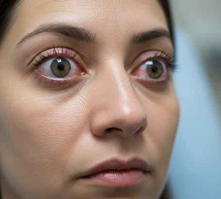 Bulging eyes, irritation, or eyelid retraction.